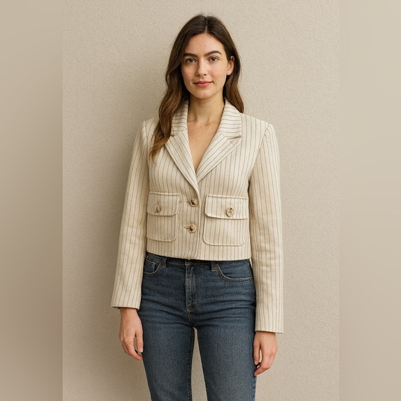 JASON WU Pin Stripped Cropped Jacket with Pockets in Cream SZ Small Blazer - Picture 12 of 12
